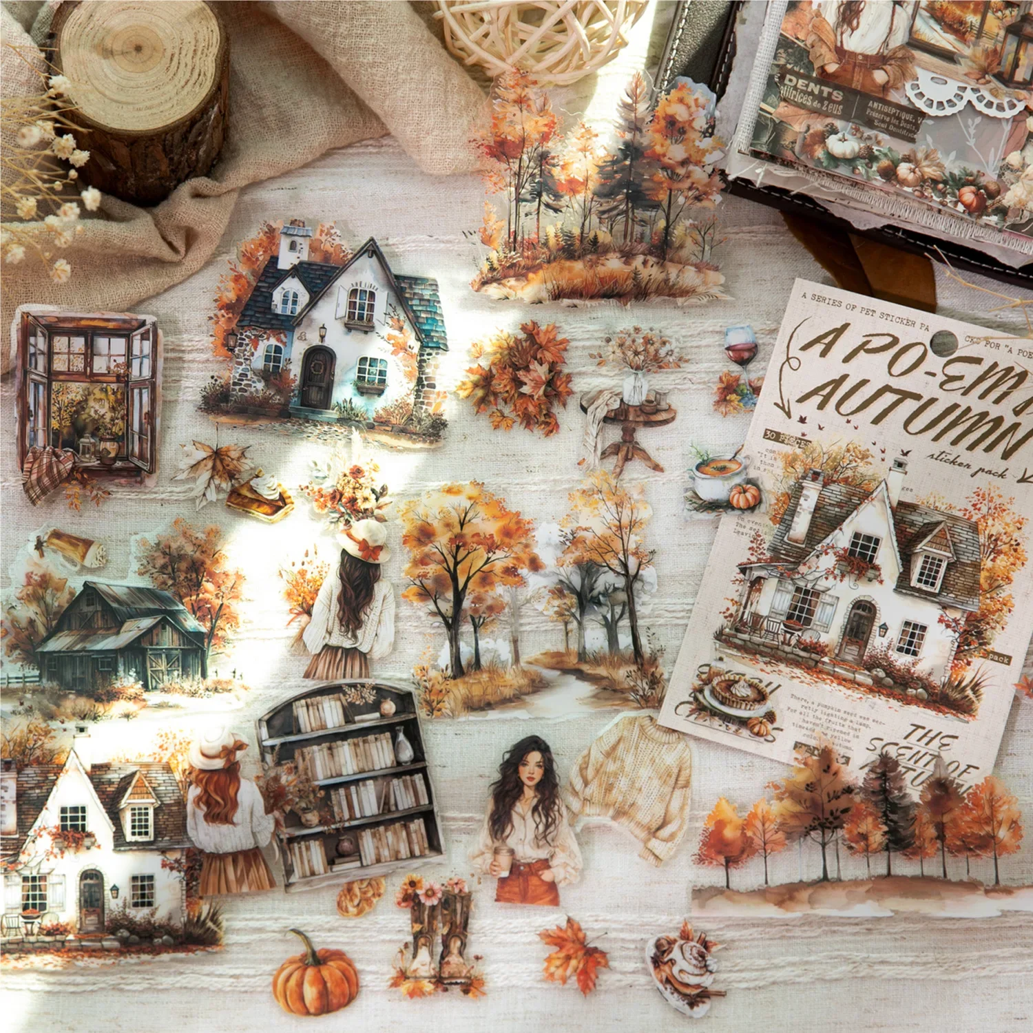 1 Packung/2 Packung 30 Blatt Herbst-Themen-Aufkleber-Set Gedichte für die Herbstserie 6 Designs Vintage-Stil Scrapbook-Collagenmaterialien