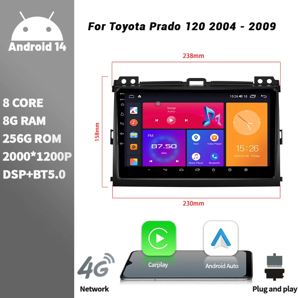 

Android Bluetooth Wireless CarPlay Touch Screen Stereo Car Radio Multimedia Player Navigation For Toyota Prado 120 2004 - 2009