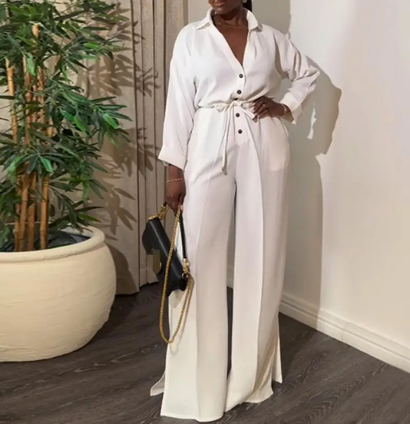 Elegant Women's Jumpsuit Commuting V-Neck Long Sleeved Button Up High Waisted Drawstring Wide Leg Pants Slit Casual Jumpsuit