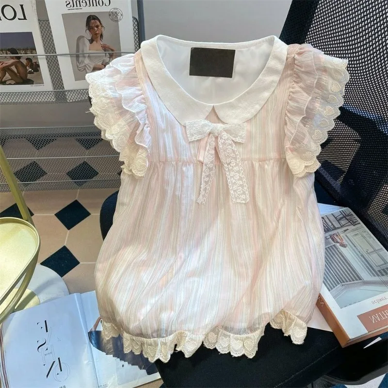 

Elegant Sweet Peter Pan Collar Lace Bow Blouses Summer Short Sleeve Shirts Women 2025 New Loose Striped Japanese Bubble Top