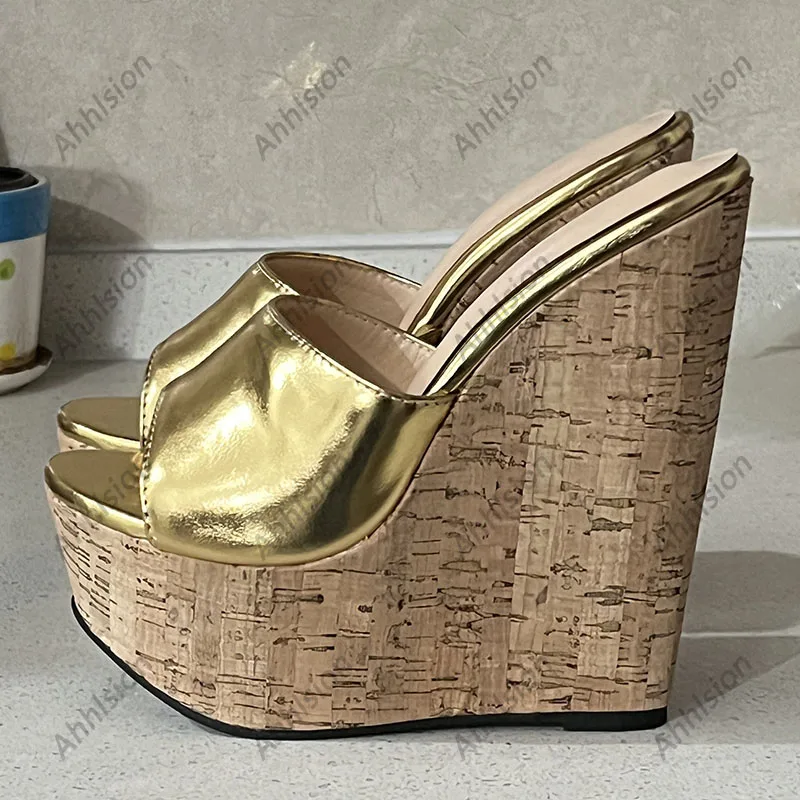 Ahhlsion Real Photos Women Summer Slingback Sandals Wedges High Heels Round Toe Gold Silver Party Shoes Ladies US Plus Size 4-20