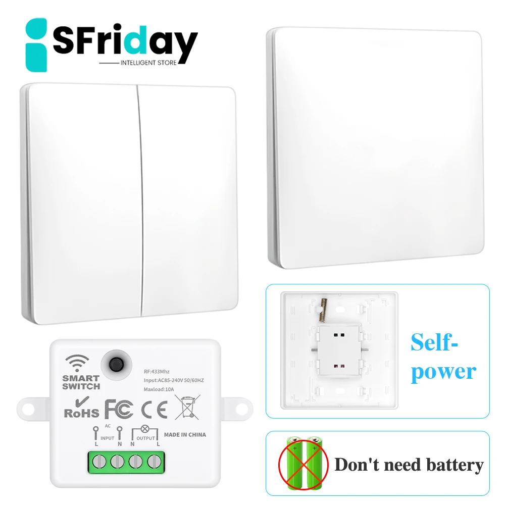 IsFriday Self-powered Wireless Wall Switch No Battery Required 433Mhz Remote Control Light Switch Waterproof 1 2 Gang No Wiring