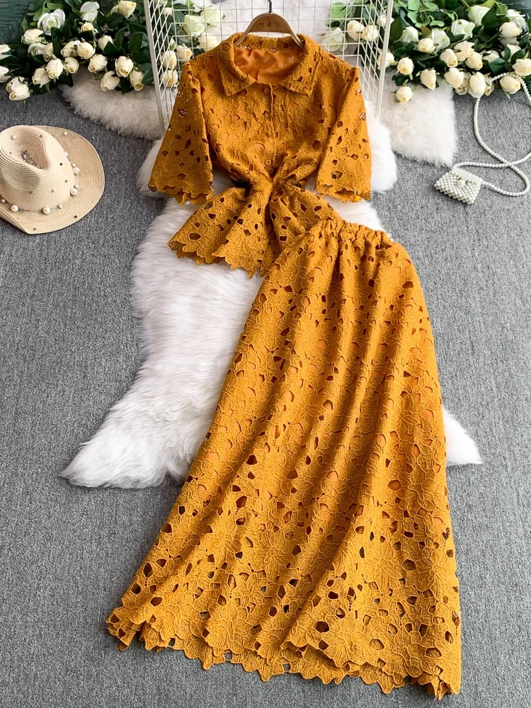 

Ele Lace Hollow out Single Button Collared irt Waist Cinching Top with High Waist Slimming f Skirt Set for Young Women