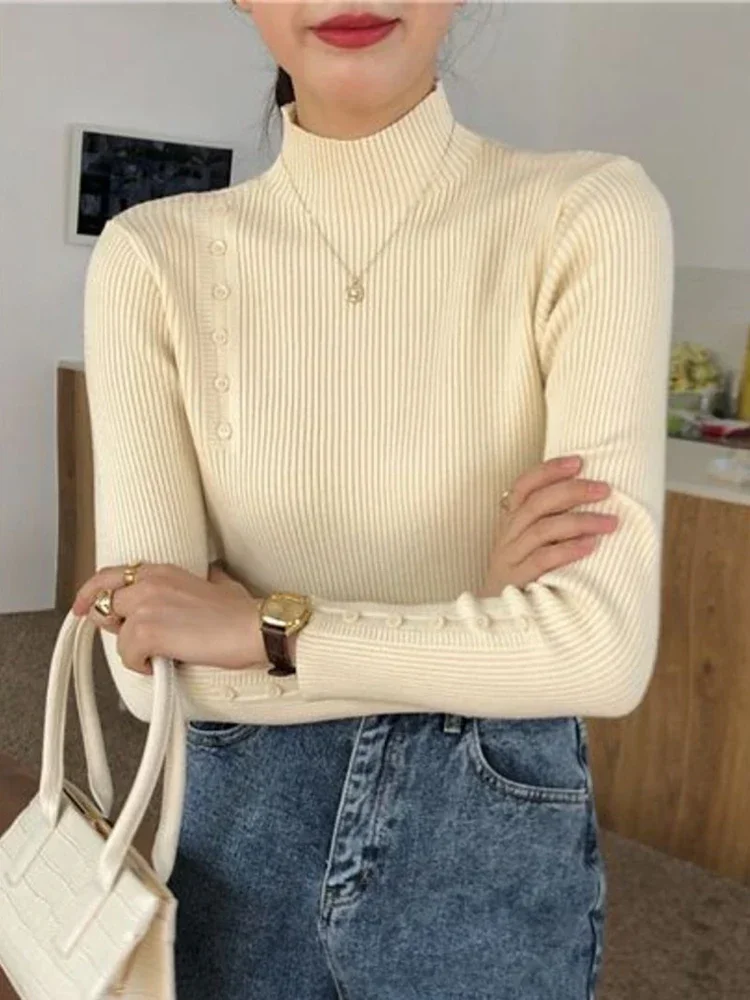 

2025 Soft Warm Bottoming Tops Women Knitted Sweater Long Sleeve Button Turtleneck Slim Pullovers Autumn Winter Female Sweaters