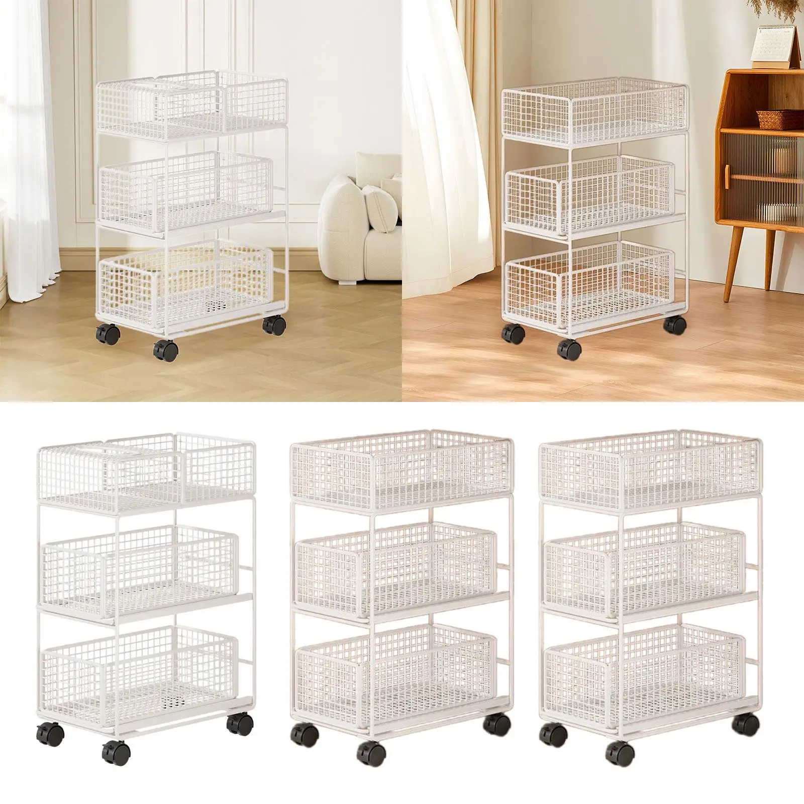

Mobile Rolling Cart with Caster Wheels Multipurpose Metal Storage Basket Mobile Bookshelf for Bathroom Office Dorm