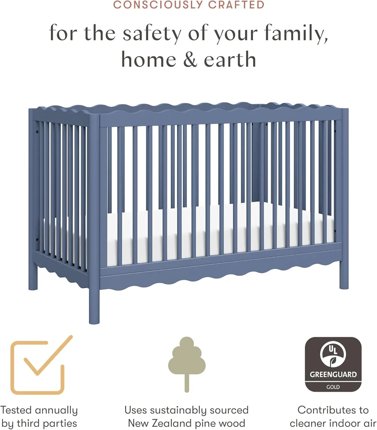 Swell 4-In-1 Convertible Crib With Toddler Bed Conversion Kit In Cove Blue, Greenguard Gold Certified