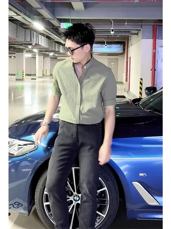 

Мужская летняя повседневная рубашка из ткани Ice Silk Bubble Cloth с коротким рукавом, модная, брендовая, Haome, премиум-класса, с воротником-стойкой