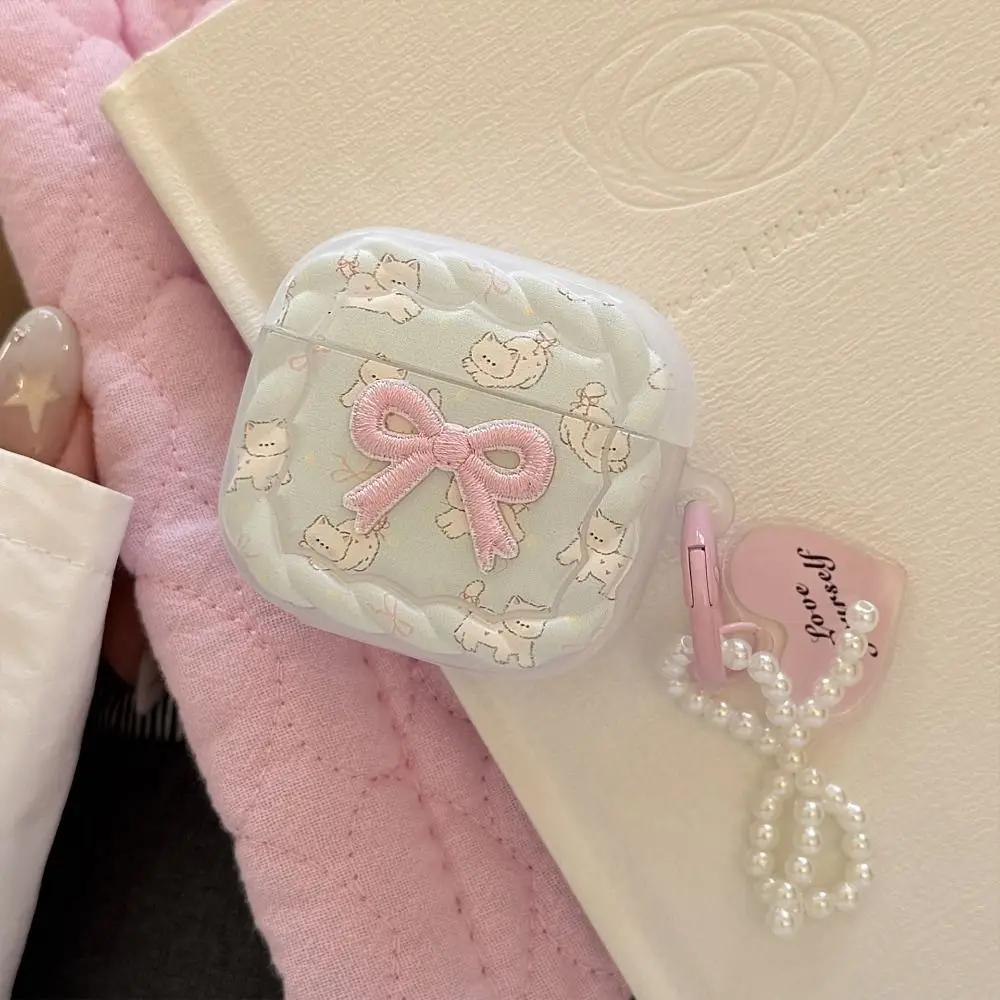 TPU Earphone Case Embroidered Bow with Keychain Headphone Box Cover Cartoon Cat Anti-scratch for Airpods 4/3/2/1/pro2/pro