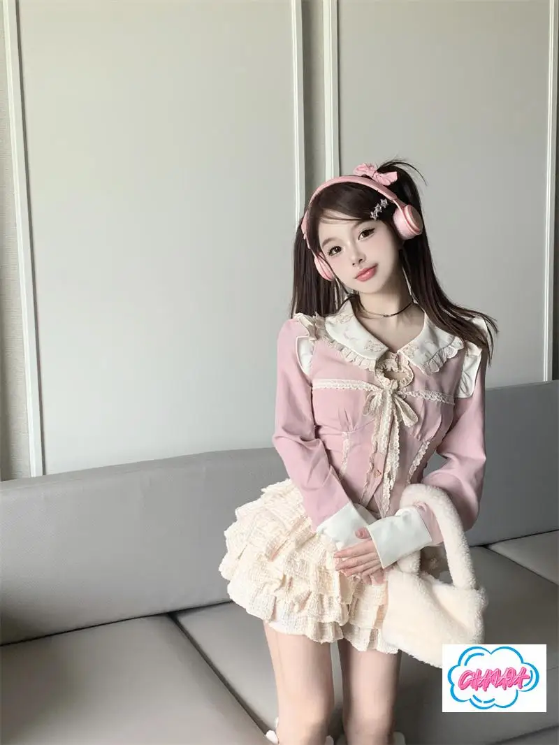 اليابانية الدوبامين ارتداء الحلو دعوى سيدة مزاجه الوردي نحيل الخصر دمية طوق كم طويل قميص أعلى الخريف الباليه كعكة تنورة