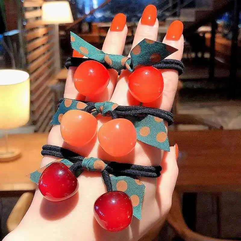 

3PCS Cherry Leather Case Female Headband Internet Celebrity Cute Hair Band Fashion Rubber Band Female Hair Rope Hair Accessories