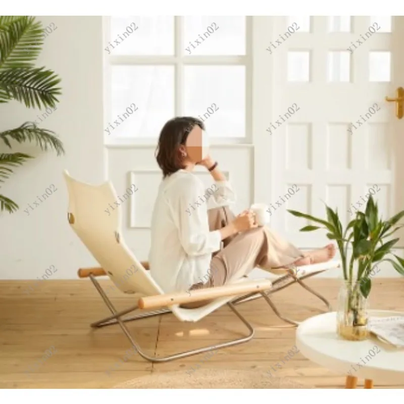 Outdoor Canvas Recliner Chair Folding Comfortable Lazy Chair with Stand for Balcony Beach Leisure Use