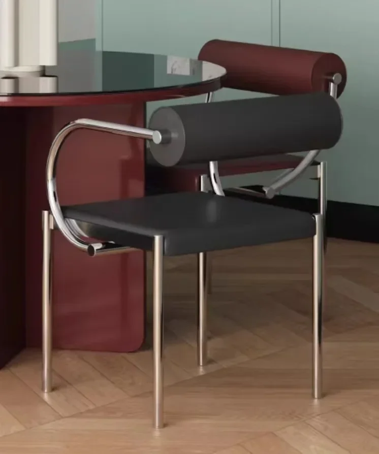 Medieval light luxury with armrests, designer dining chair retro simple stainless steel restaurant chair, home backrest leather