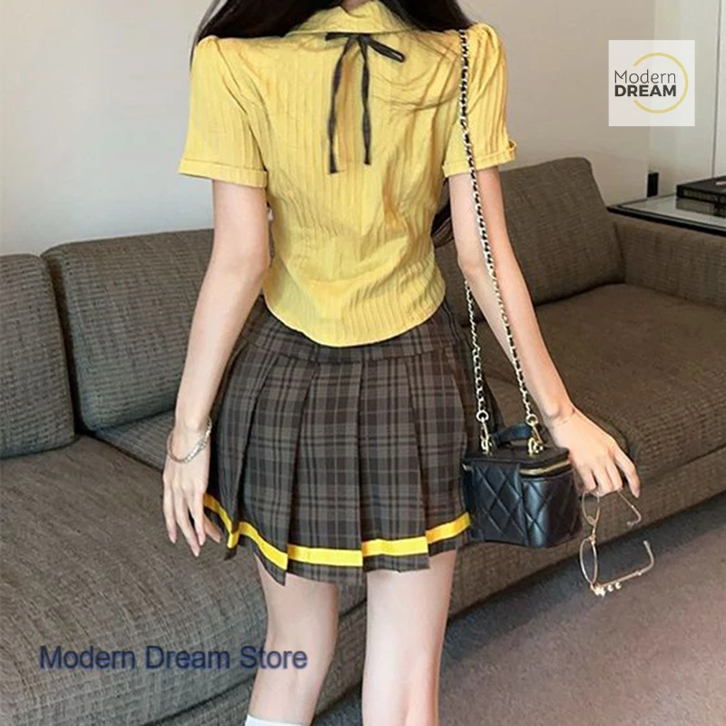 French college style POLO collar wood ear shirt suit women's summer high waist skirt niche design short sleeve two-piece suit