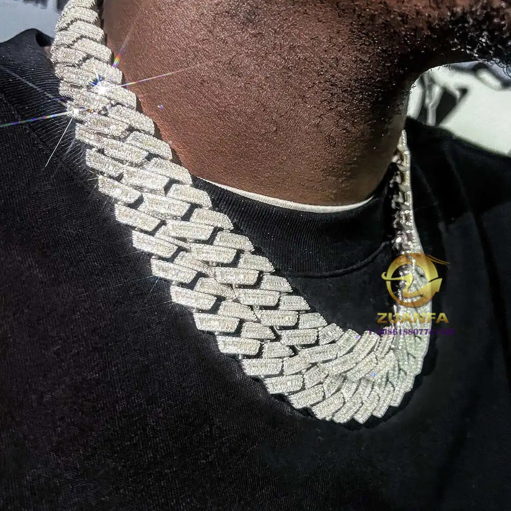 Wholesale Price Iced Out 925 Sterling Silver Raised Baguette Vvs1 Diamond Moissanite Cuban Link Chain