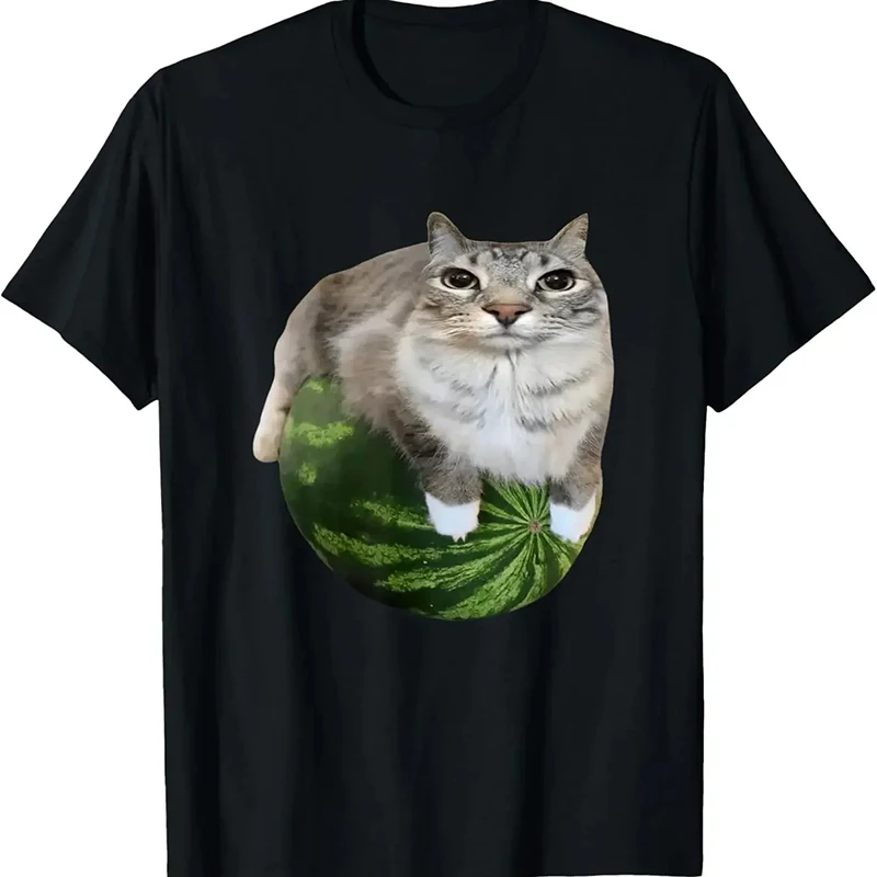 Y2K Watermelon Cat Print T-Shirt Silly Cat Meme Round Neck Short Sleeve Women's Versatile Daily Loose Fit Trendy T-Shirt
