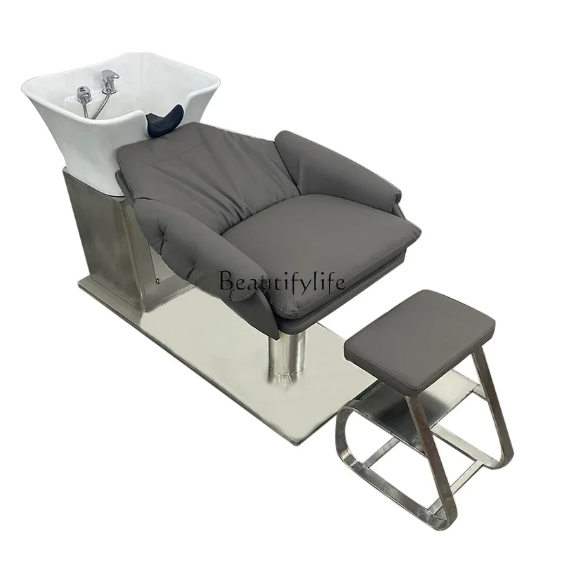 

lx29Barber Shop Shampoo Ceramic Basin Flushing Bed for Hair Salon Stainless Steel Lying Half Shampoo Chair