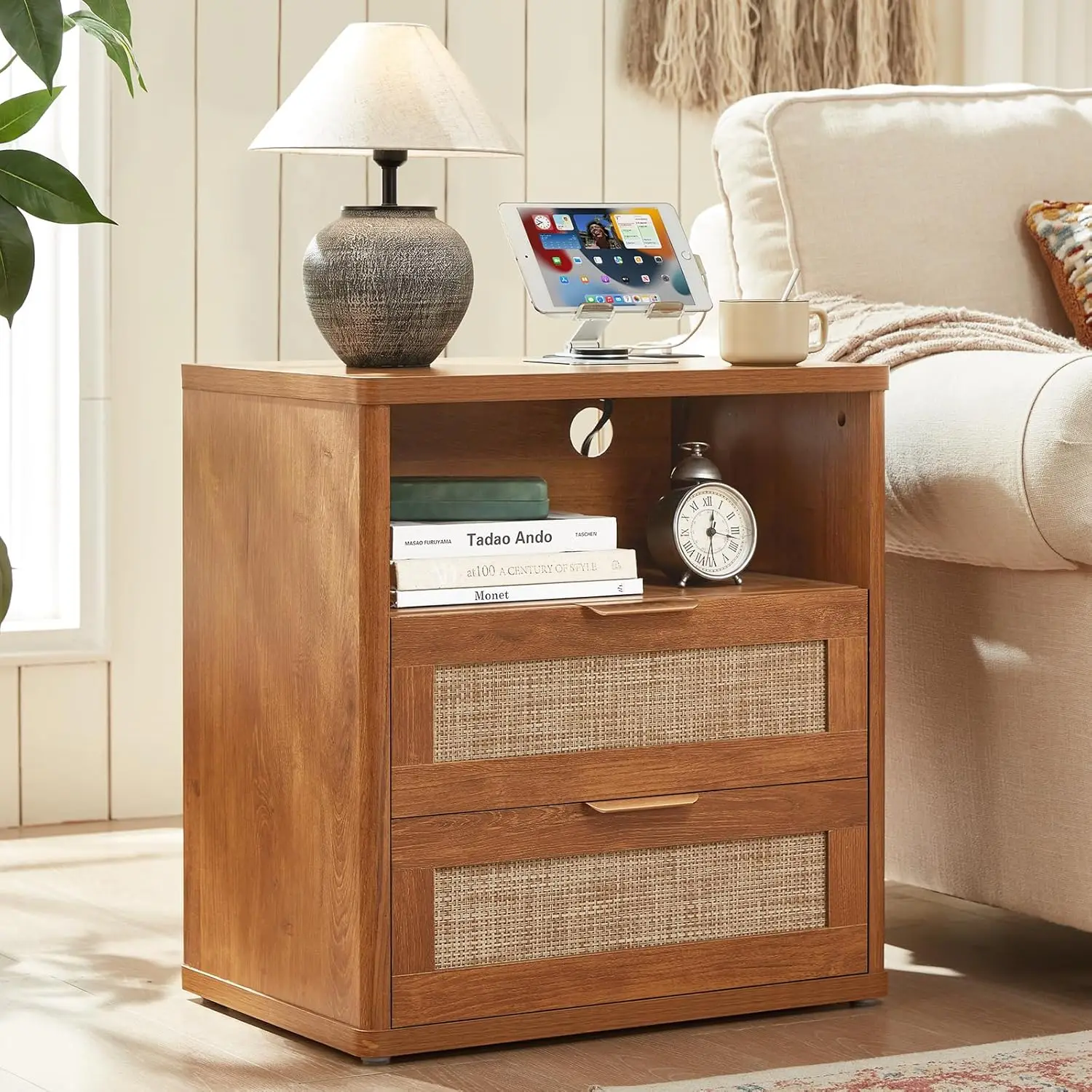 

Rattan Night Stand with Charger Station, 23" Wide Boho Nightstand with 2 Drawers, Natural Wood Bedside Table Open, Customized