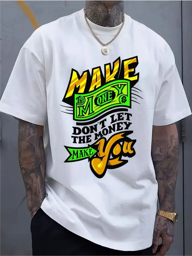 Men Short Sleeve Tee Bold Money Dollar Letter Print Soft Cotton Oversize Crew Neck Street Daily Male Casual Fashion Basic Top