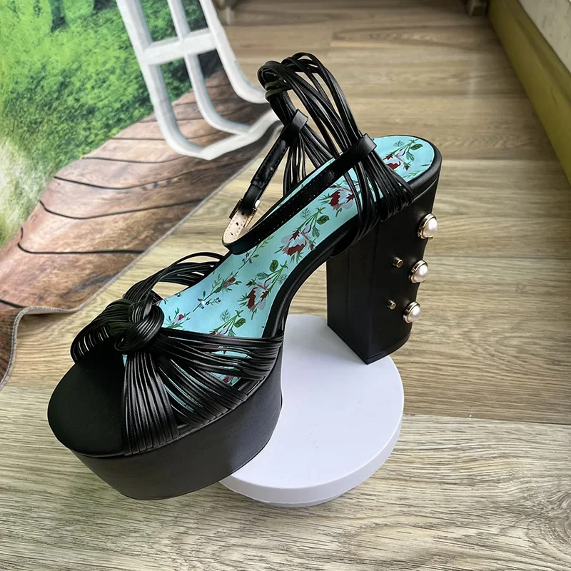 2022 New Luxury Rhinestone Gem Summer Sandals Peep Toe 14cm High Heel Women Shoes Thick Platform Pearl Rivet Sandals Rozmiar 34-43