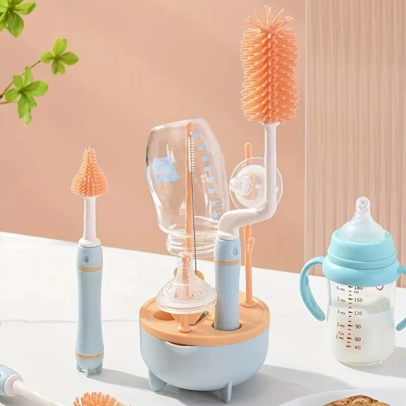 Portable 6 in 1 Baby Bottle Cleaner Set with Drying Rack, 2 Silicone Baby Bottle Brushes,Straw Brush, Nipple Brush & Storage Box