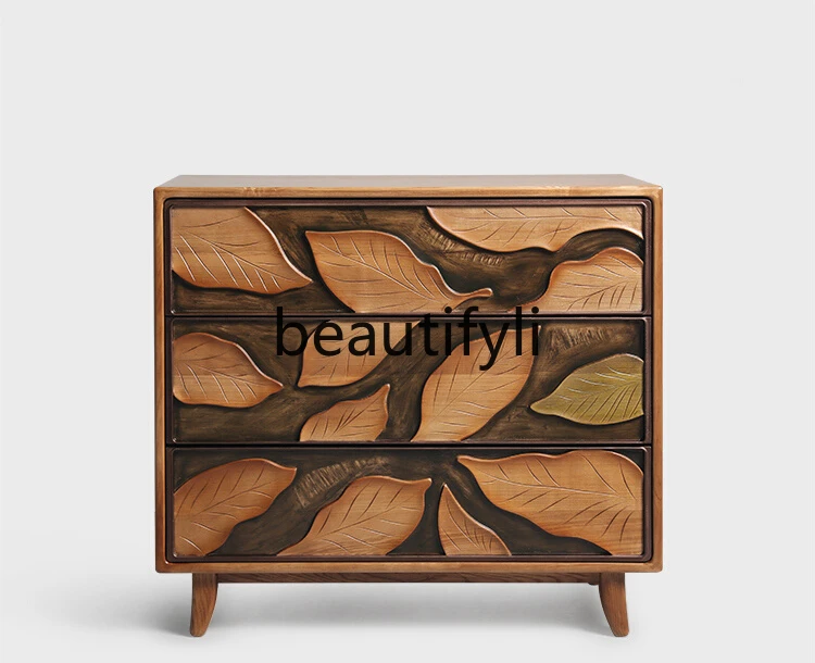 

Log wind retro art chest three drawers bedside table ash wood relief maple leaf locker