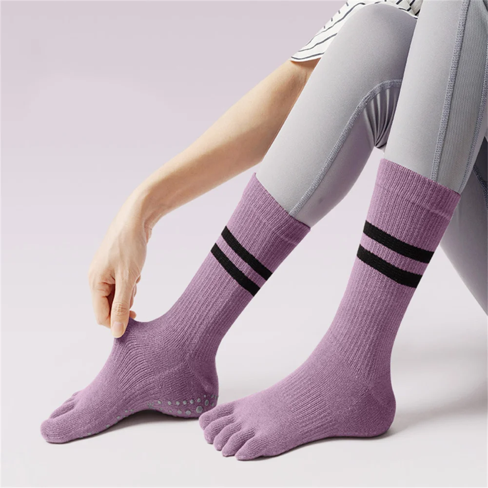 Women Five Finger Yoga Socks With Grips Hospital Anti Skid Socks Dye Cushioned Crew Socks For Pilates, Ballet, Barre, Barefoot