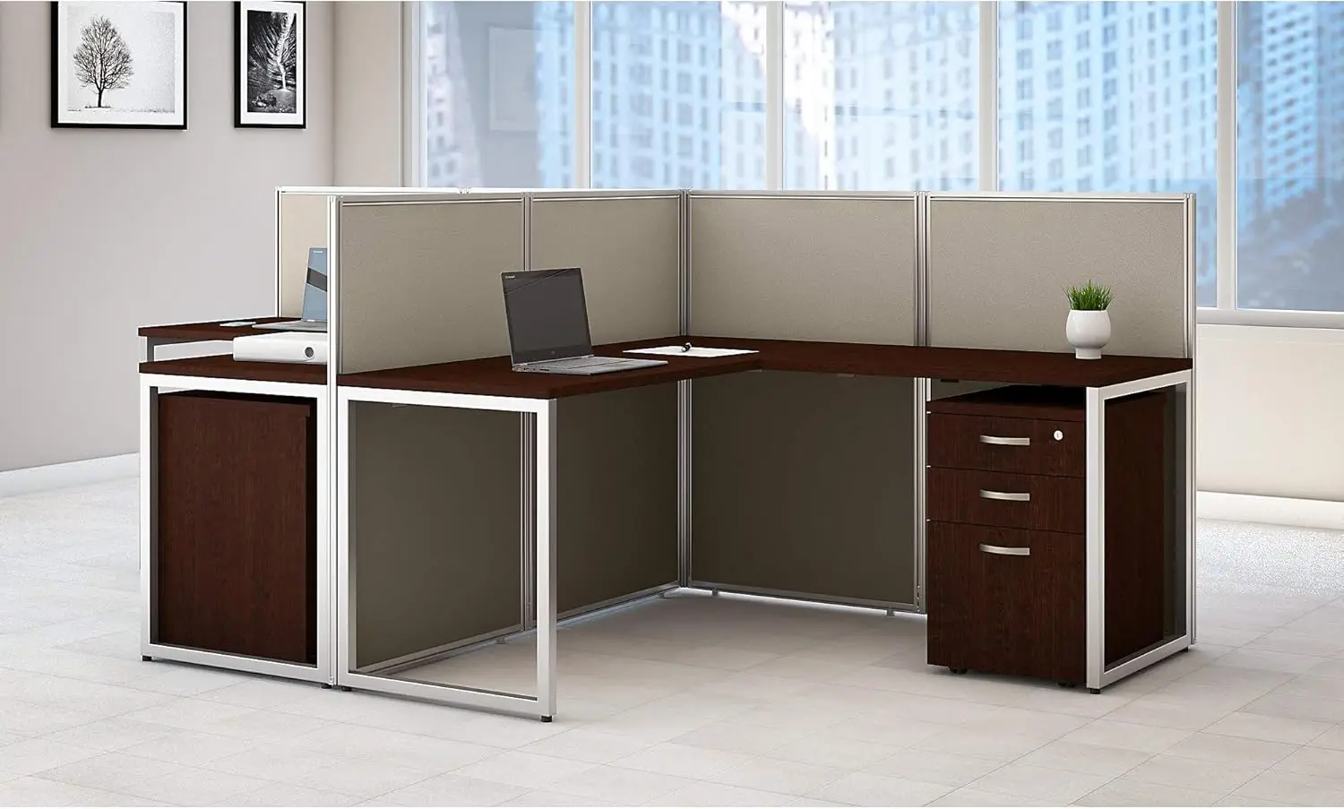 Hokje Bureau Met Archiefkasten En Panelen | Eenvoudige Kantoorcollectie 2 Persoons Tafel Werkstation, 60W X 45H, Mokka Kers