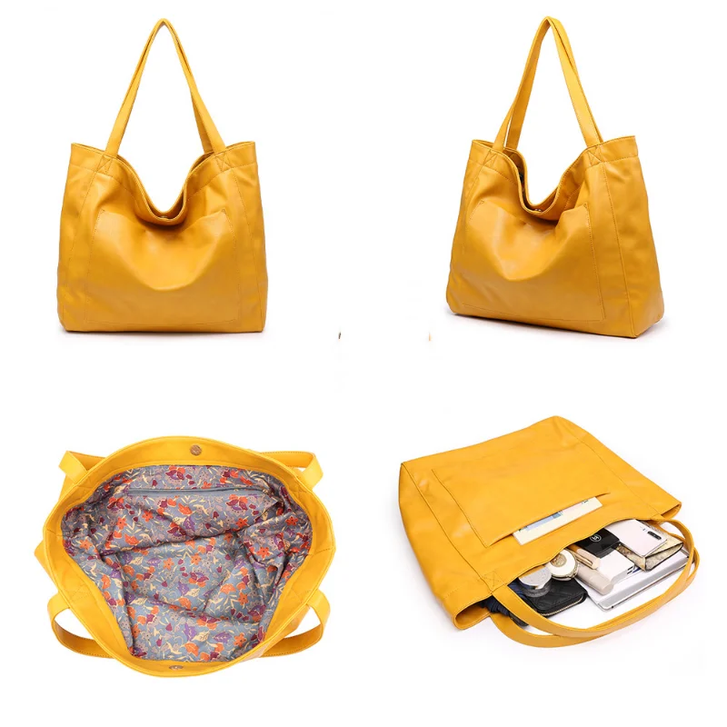 

Large Capacity Soft Oil Wax Leather Shoulder Bag for Women Vintage Solid Colour Casual Daily Shopping Travel Tote Bag 2022
