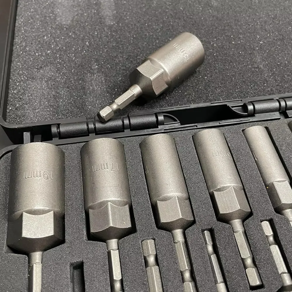 15-teiliges Set mit Schraubenschlüsseln für Bohrmaschinen, 5,5–19 mm tiefe Schlagschraubstößel mit 6,35-mm-Sechskant-Schnellwechseladapter, 80 mm Länge. – Detail 4