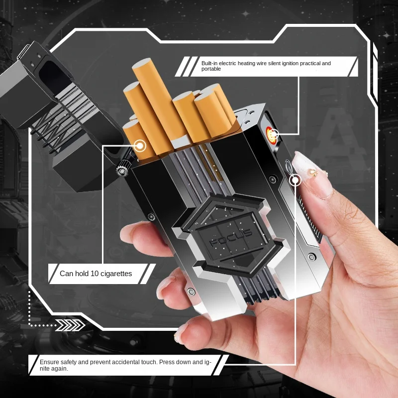 Bring Men\'s Creative And Personalized Mecha Style USB Cigarette Box With 10PCS Tungsten Wire Lighter Cigarette Lighter Gift