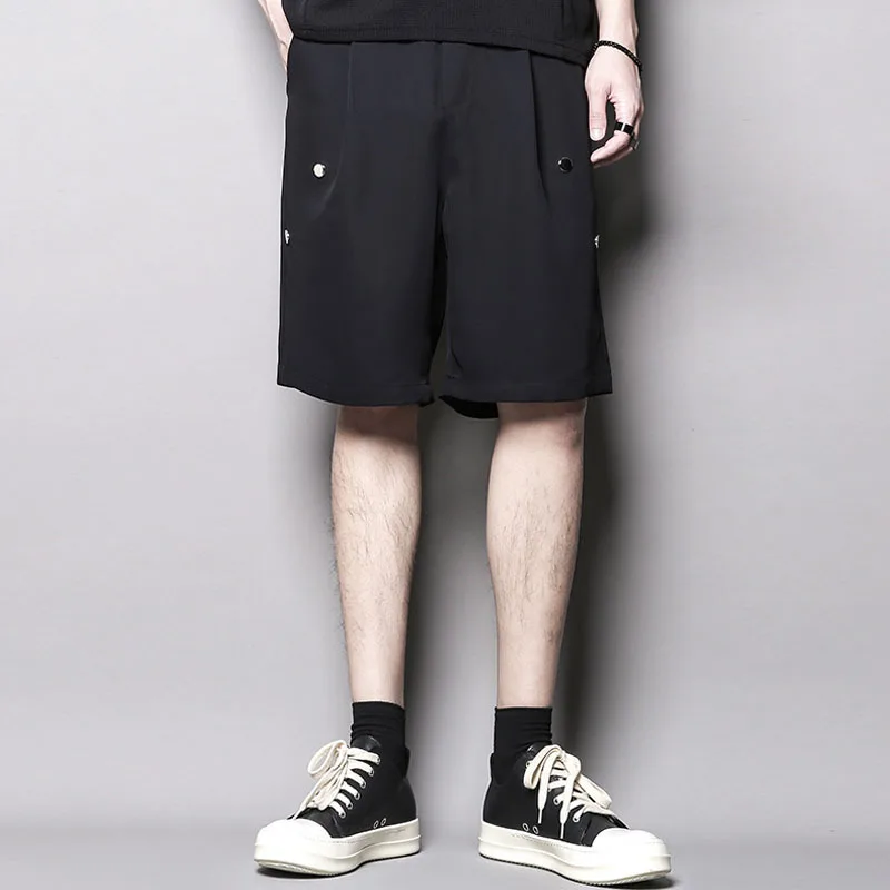 

Men's Black Shorts Japanese Personalized Irregular Button Splicing Design Pants Five Division Pants Casual Shorts