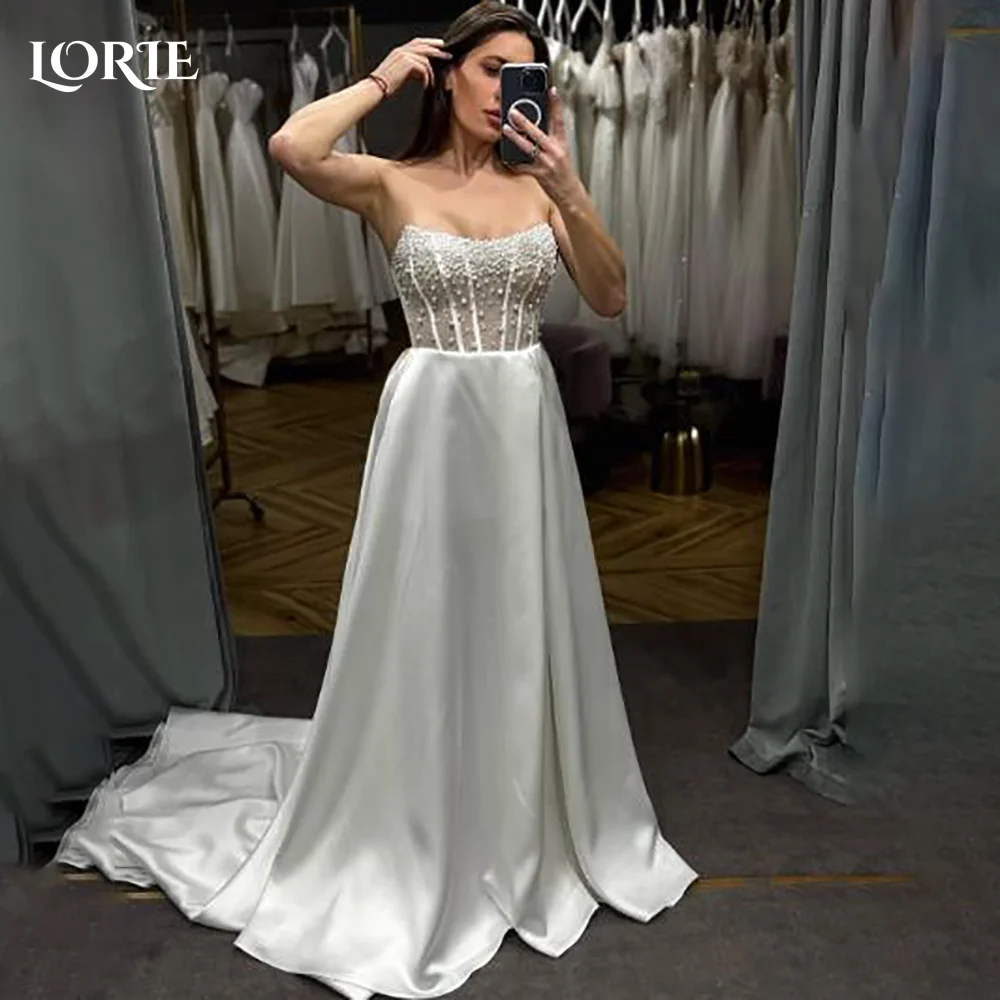 

LORIE Sexy Pearls Wedding Dresses A-line Strapless Sweetheart Customized Corset Satin Princess Bridal Gown vestidos de novia