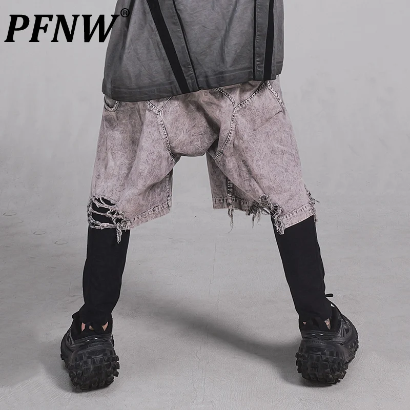 PFNW Broken Holes Distressed Washed Elastic Waist Knee Length Shorts Men's Collapsed Crotch Casual Pants Shorts Tide 12C2020