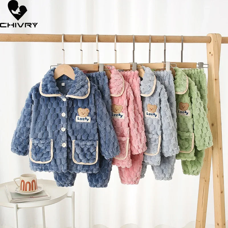 Pijamas gruesos de franela para niños y niñas, Tops de solapa de manga larga con pantalones, conjuntos de ropa de dormir de dibujos animados para