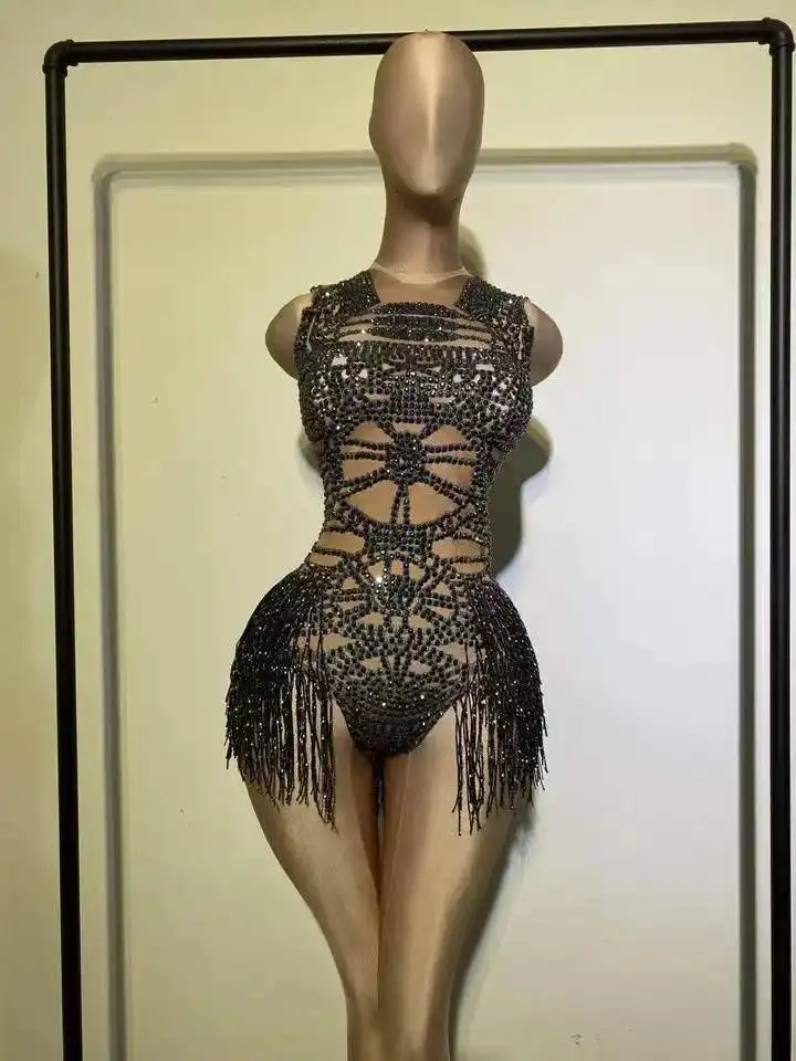 Body negro con borla de diamantes de imitación para mujer, traje de Festival Rave, leotardo ajustado sin mangas, traje de baile para actuación en