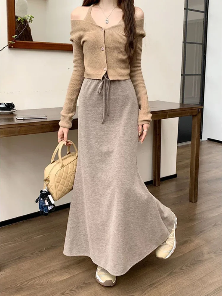 Knitted Fishtail Long Skirts Women's Casual Elastic High Waist Lace-up Skirts Korean Fashion All Match Slim Hip Skirts 2025 New