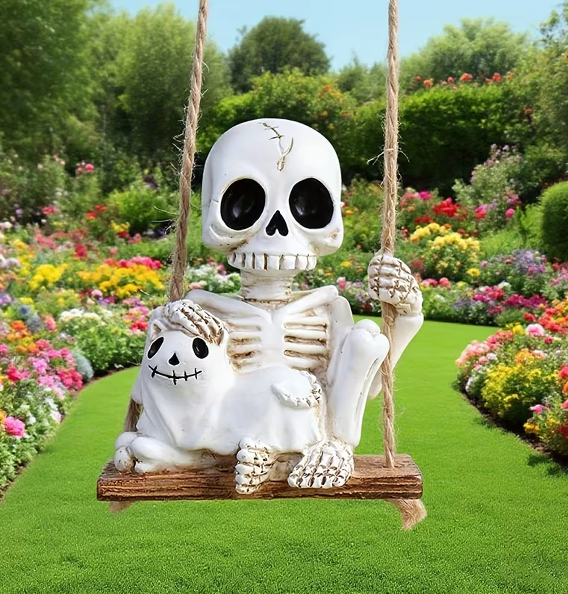 Outdoor Swing Skeleton Cat Hanging Ornament, Resin Tree Decor for Garden Yard Patio, Halloween Valentine's Gift