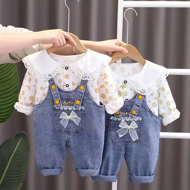 Girls' Spring and Autumn Cowboy Backband Pants Set 2024 New Girl Baby Long Pants Shirt Two Piece Set