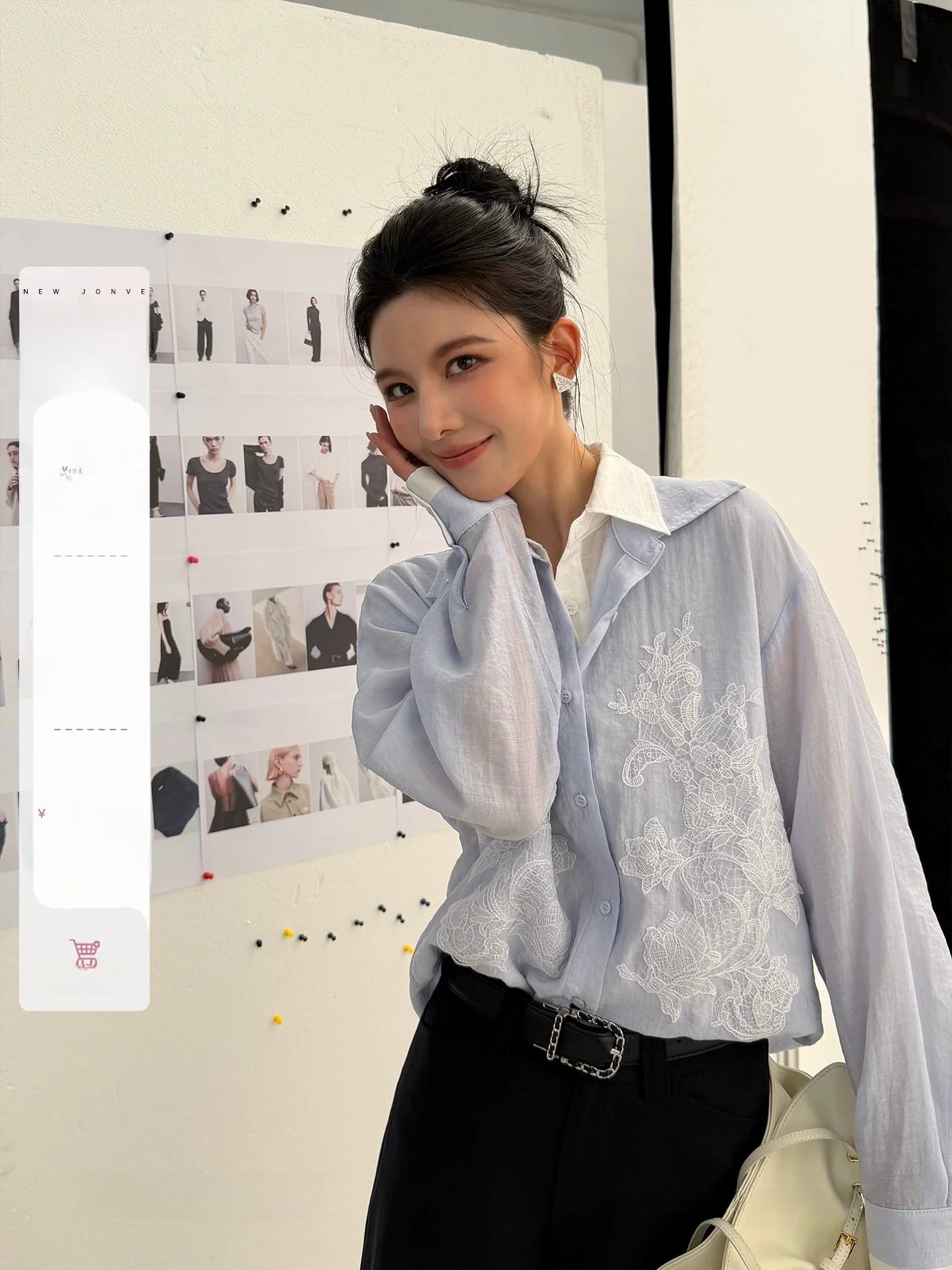 

Blue Handmade Embroidery Loose Women's Shirt Qiang Wenhua South Branch Unique Beautiful Commute Top Fake Two-Piece Style
