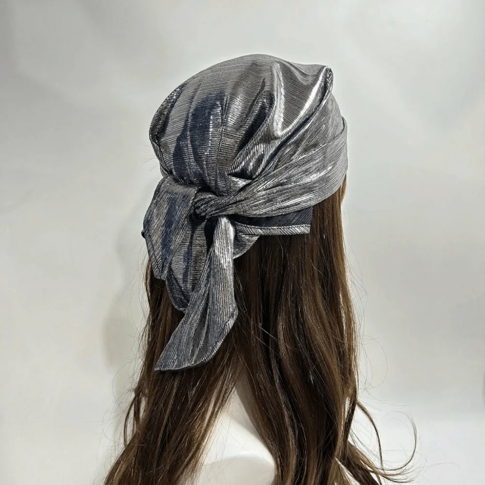 Punk Style Polyester Liquid Silvery Headscarf Sparkly White Shiny Metallic Bandana Stripe Lightweight Satin Square Turban Women