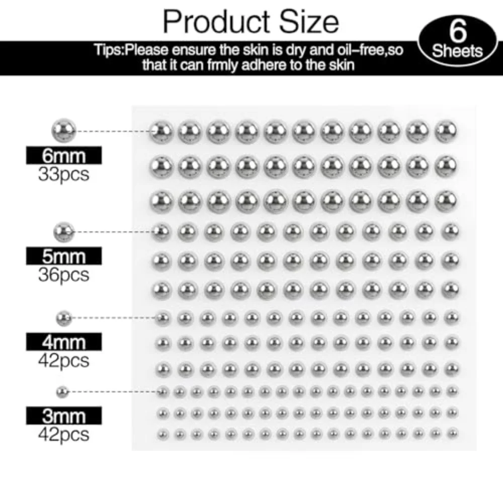 6 Sheets Self‑Adhesive Silver Round Face Gems 3‑6mm Makeup Jewels with Tweezers for Festival Cosplay Party Decoration