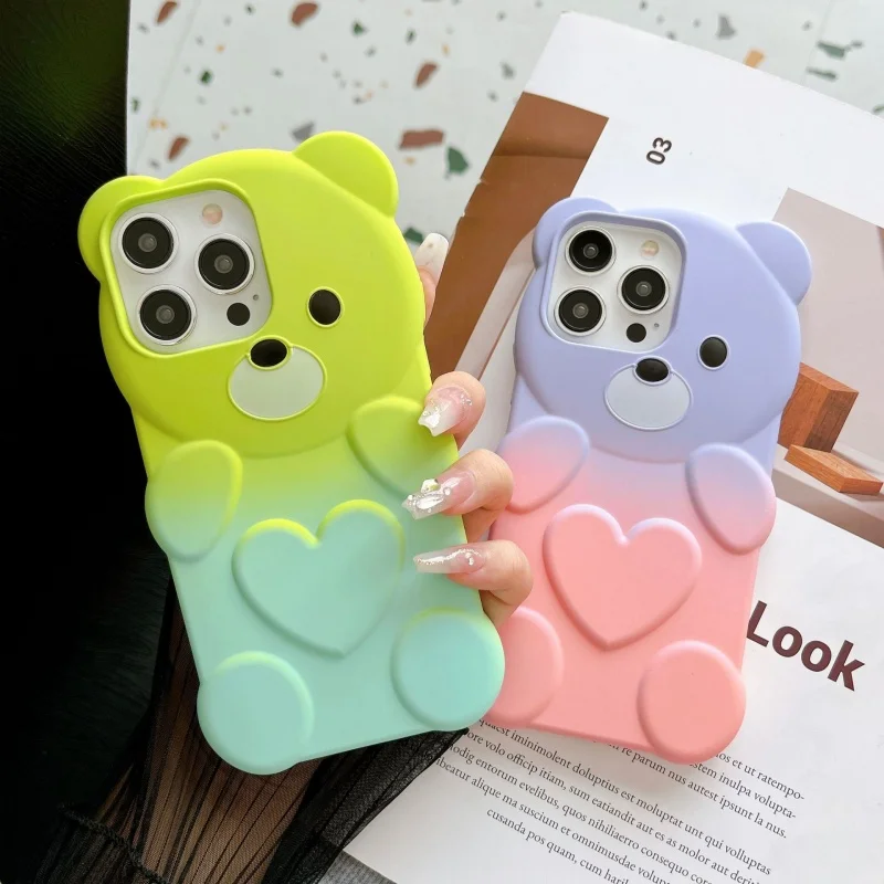 Gradient Oil Spray Bear Phone Case, Suitable for iPhone 15, 14 Pro Max, 13, 12, Anti Drop, Electroplating, Soft Cover