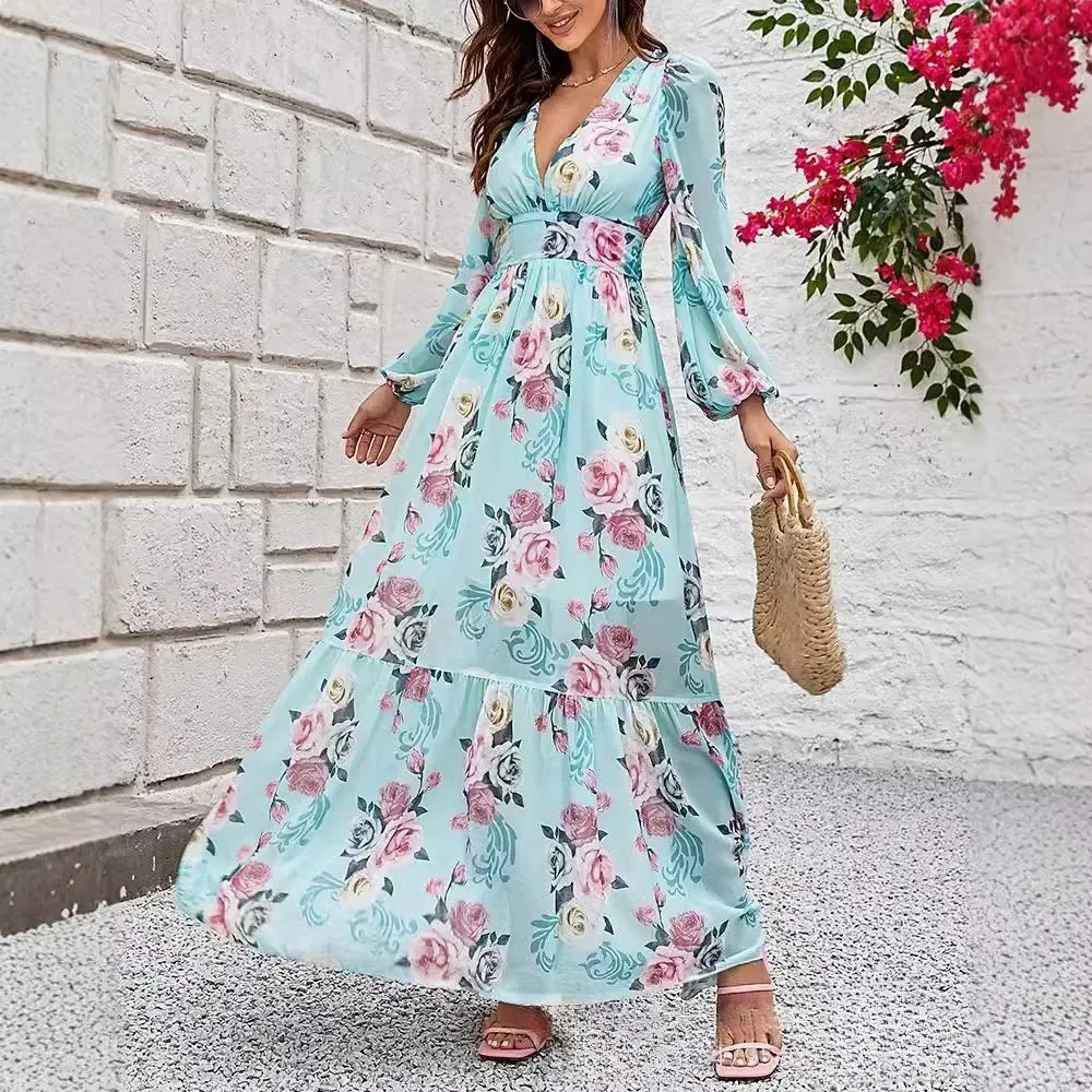 

Tight High Waist V Neck Prom Full Sleeve A Line Elegant Lady Bohemian Dresses Dress Party Women Print Floral Long Dresses