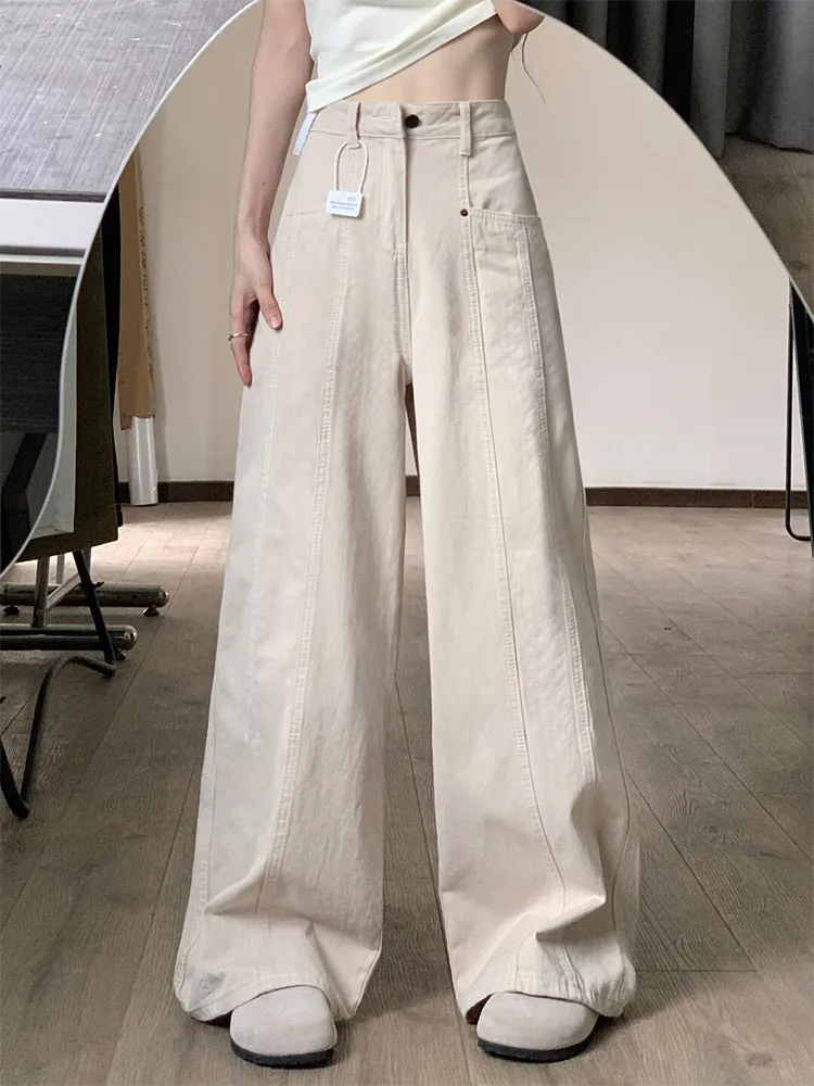 

High Waist Wide Leg Patchwork Denim Pants Women Loose Fit Straight Leg Trousers American Retro Light Beige Fashionable
