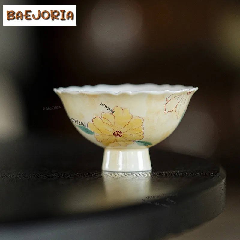 BAEJORIA 70ml Hand Painting Yellow Flower High Footed Teacup Ancient Tea Bowl Sample Tea Cup Meditation Cup Jianzhan Master Cups