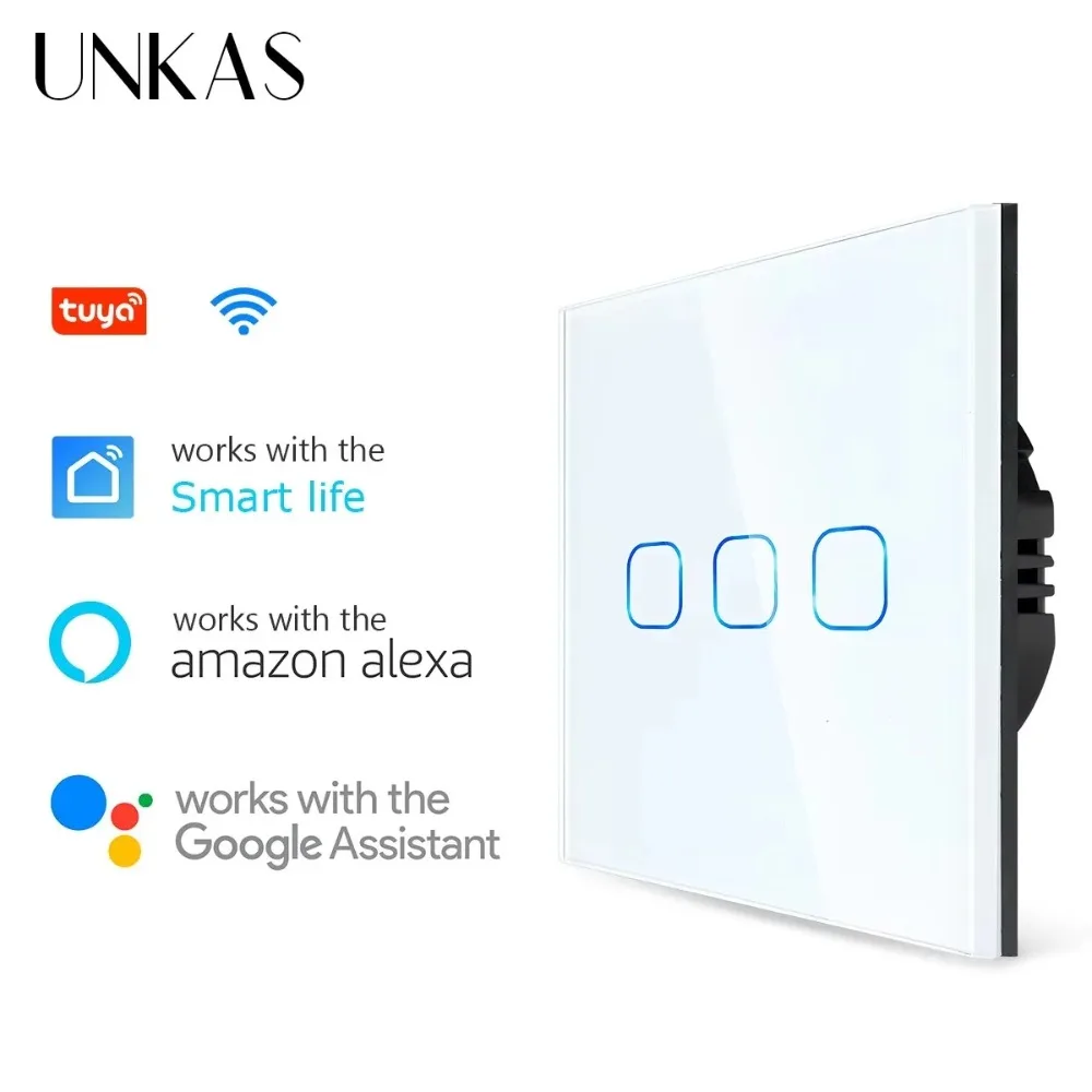 UNKAS-interruptores inteligentes, 1/2/3 entradas, Wifi, luz táctil, interruptores con Sensor de pared, Control Tuya, vida inteligente, Google Alexa