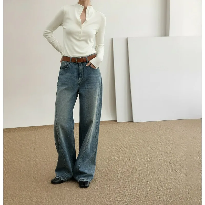 

Women's Stand-up Collar Collar Button Long Sleeve 25 Autumn and Winter Street Retro Slim Slim Slimming Half-button Base Top T