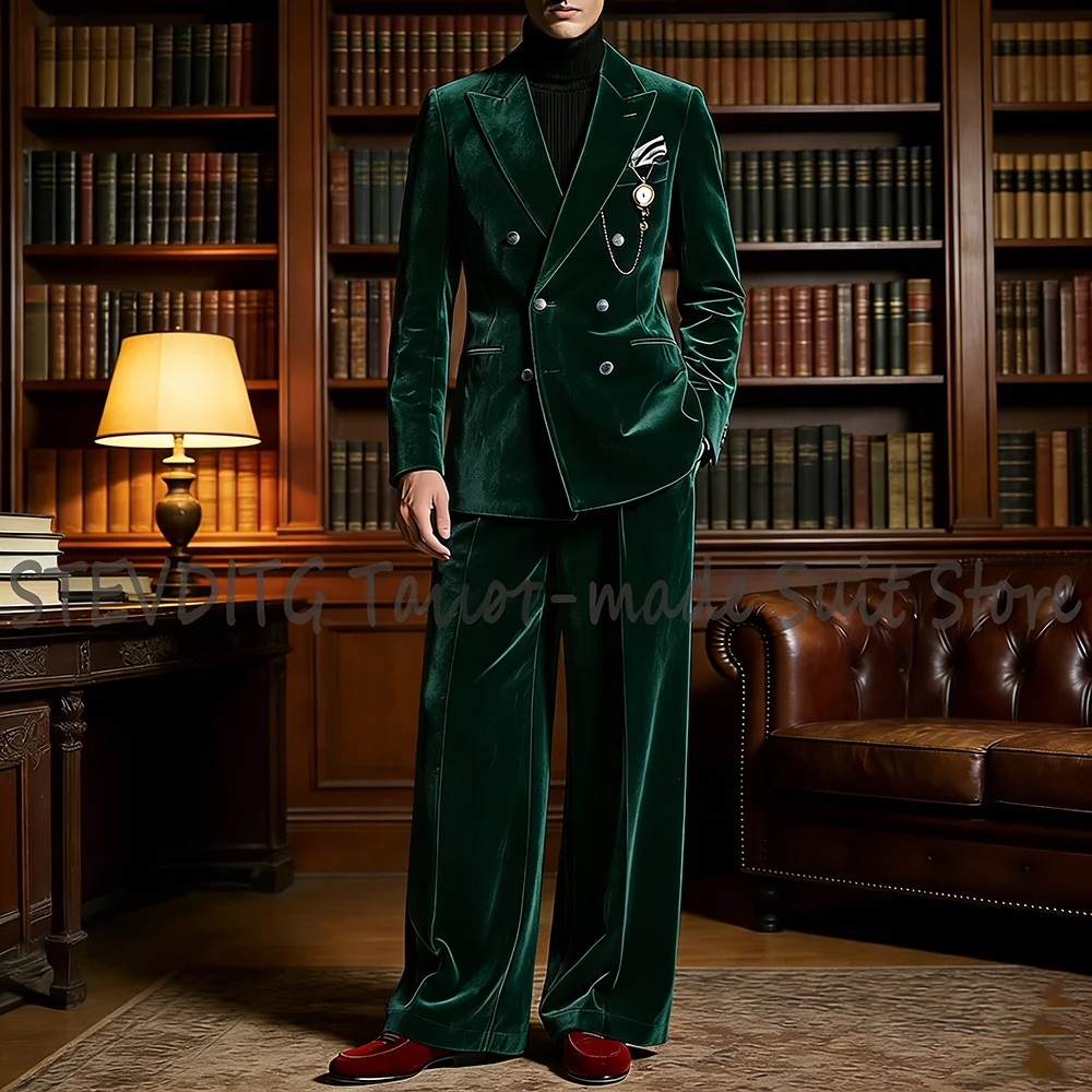 

Customized Velvet Suit For Wedding Handsome Outfit Straight Chic Peak Lapel Blazer Pants Double Breasted Elegant Men's Suit Set