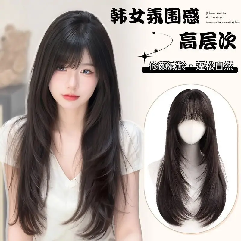 Women's brown wig with bangs, high-layered long straight synthetic hair wig