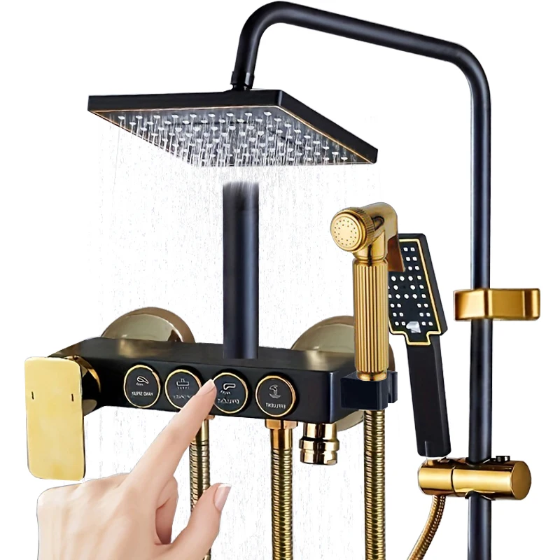

High-quality Bathtub 4-key Shower Faucet Bathroom Brass Shower System Set Black-gold Hot and Cold Mixer Bathroom Shower Set